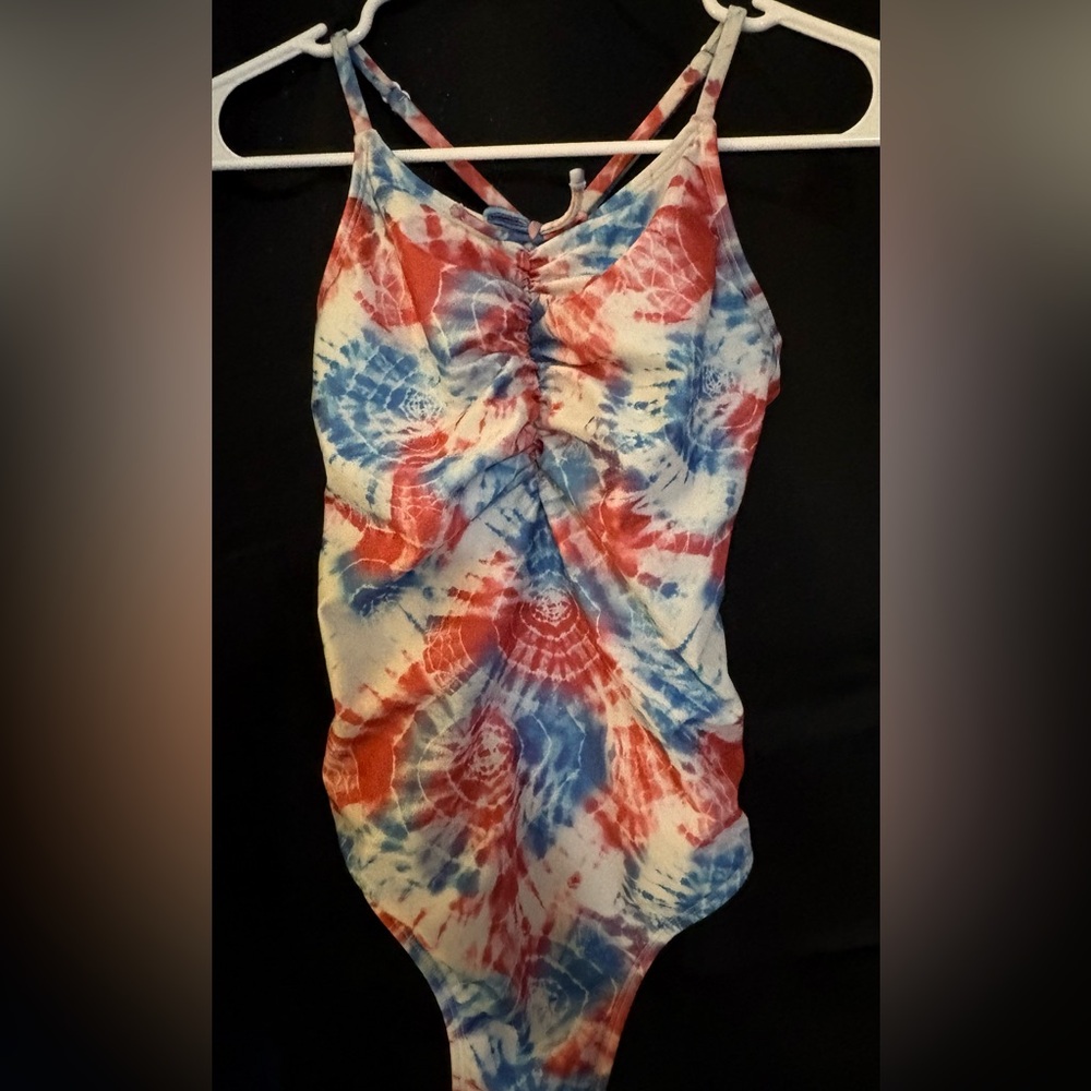 Girls Red White and Blue Tie-Dye Ruched Racerback Swimsuit